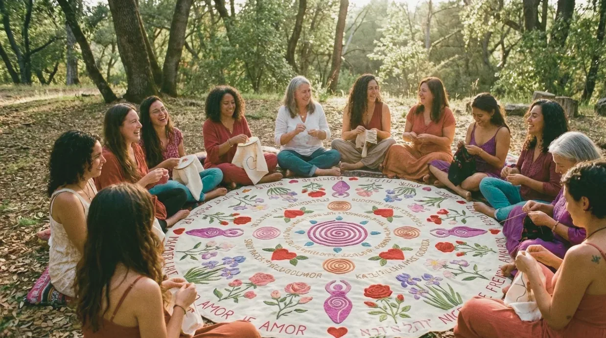 Roda de mulheres sentadas ao ar livre em volta de uma toalha bordada com flores